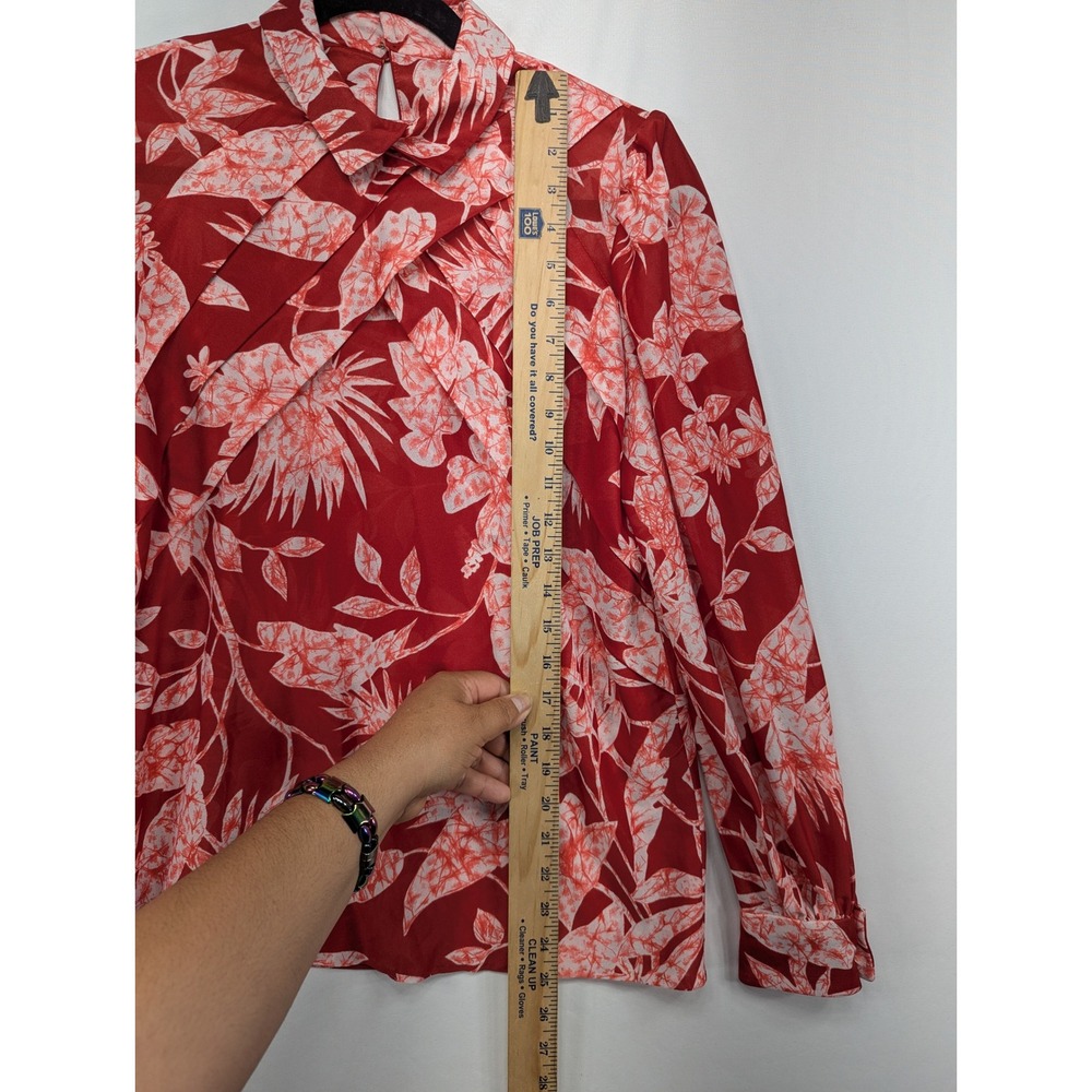 Red White Tropical Floral High Neck‎ Pleated Front Blouse Long Sleeve Small - Picture 3 of 7